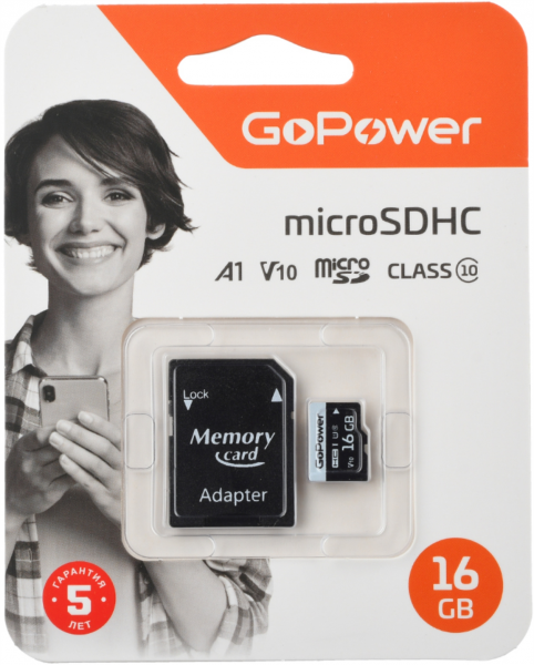 16Gb Карта памяти GoPower microSD 10 class+SD адаптер - интернет-магазин Сотомикс в Вологде