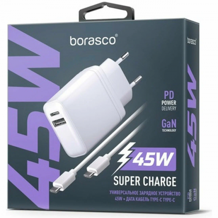 СЗУ BoraSCO USB-A+Type C PD+QC 45W + Дата кабель Type-C - Type-C 3A белое (52389) - интернет-магазин Сотомикс в Вологде