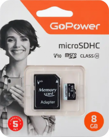 8Gb Карта памяти GoPowe microSD V 10 class 10+SD адаптером - интернет-магазин Сотомикс в Вологде
